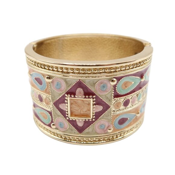 Unbranded Jewelry - Boho Aztec Gold Tone & Multicolor Enamel Clamper Cuff Bracelet Unsigned